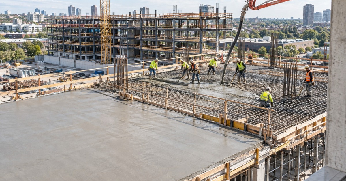 Image of a construction job site with wet concrete, structure ready to build a new level